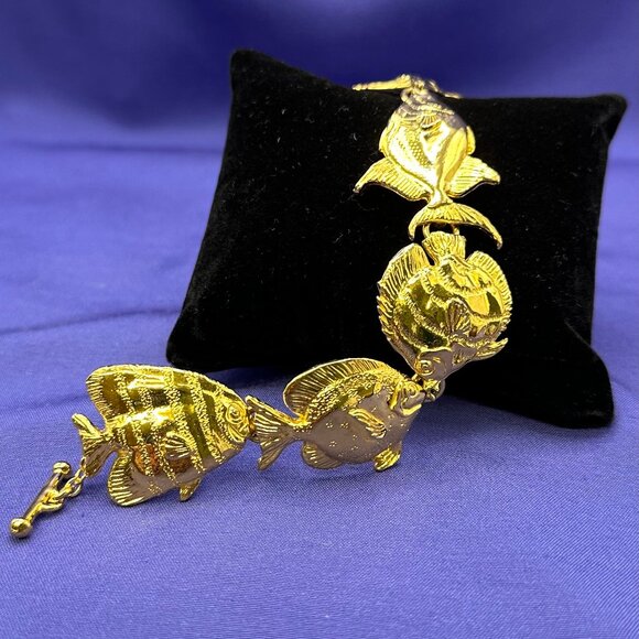 Rare Find!  Maurice Milleur Gold-Plated Pewter “Reef Fish” Bracelet - Picture 1 of 15